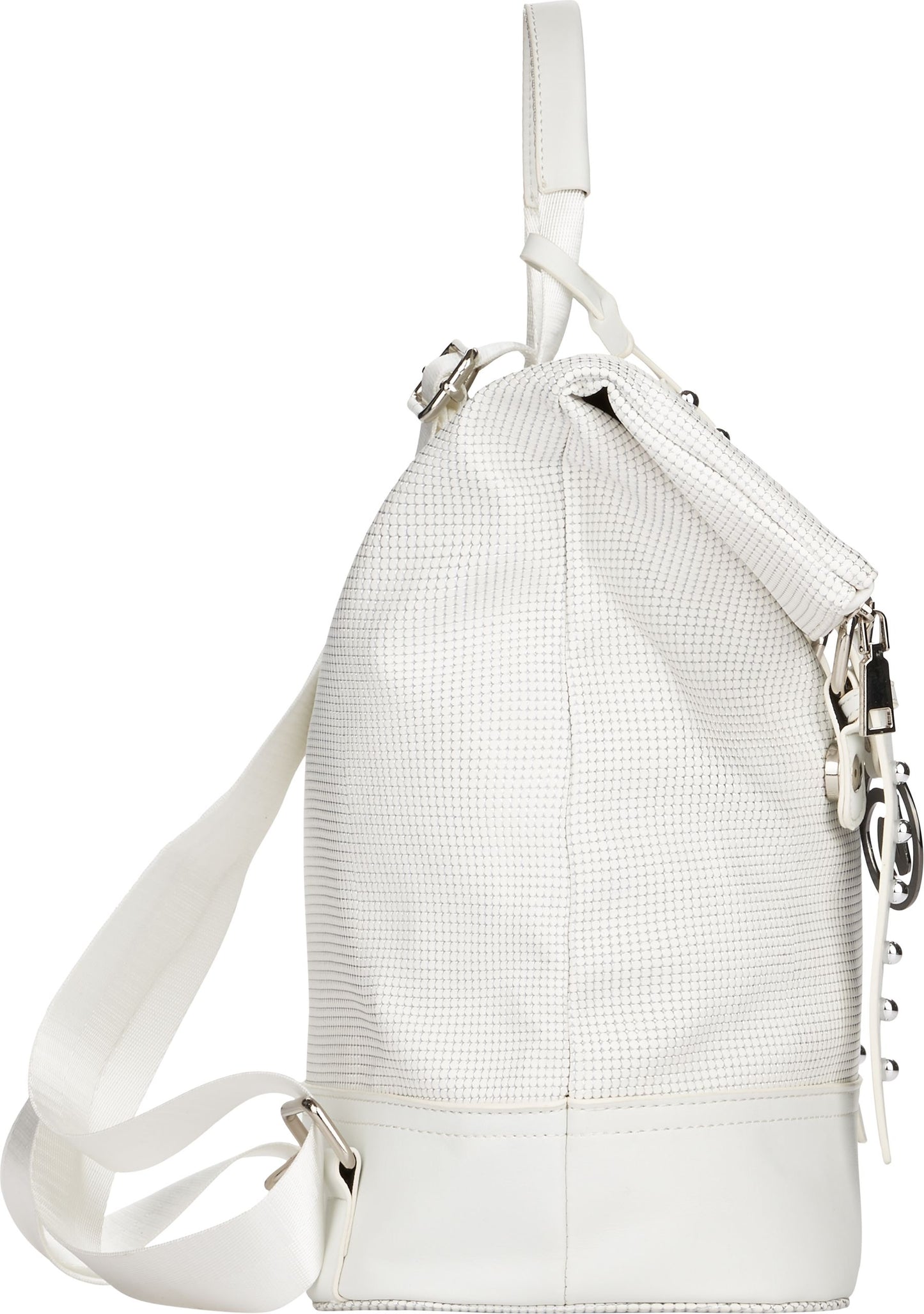 White perforated backpack with adjustable shoulder strap.