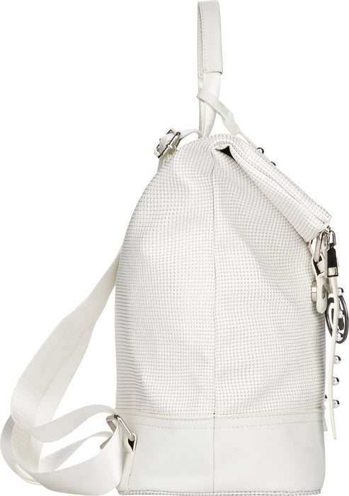White perforated backpack with adjustable shoulder strap.