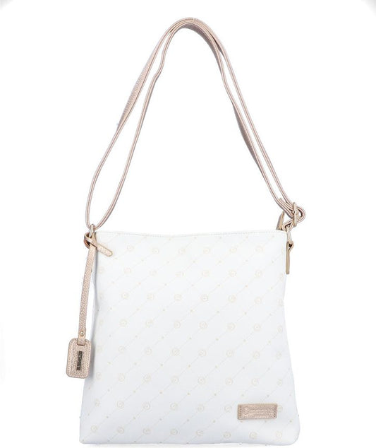 White faux-leather crossbody bag with light tan straps and brand name rectangular tag.