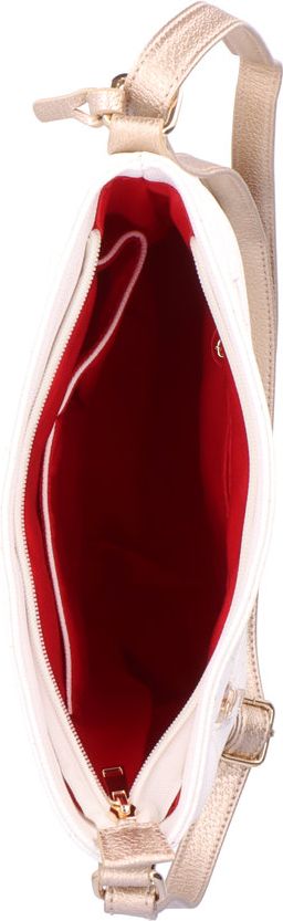 White and gold purse with a red interior.
