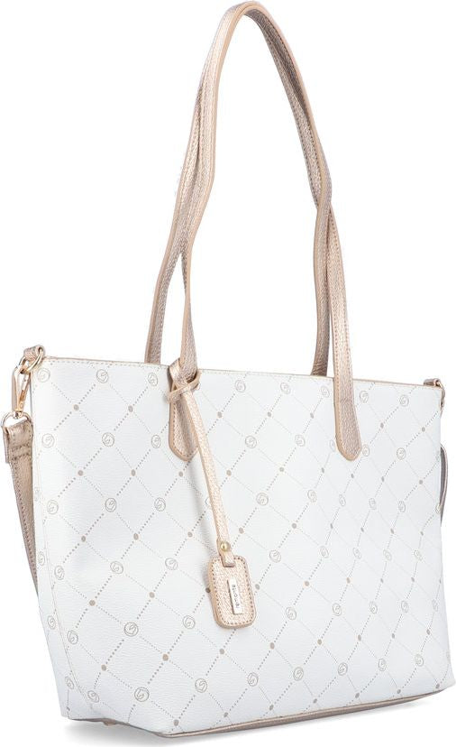 White and gold tote bag with geometric pattern and handles.