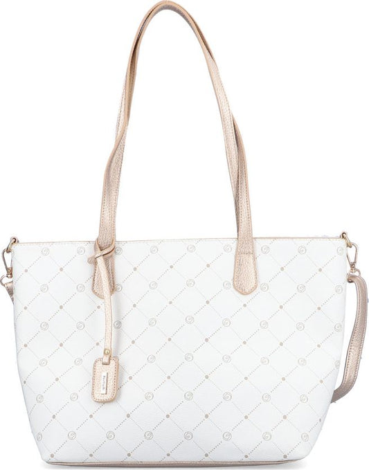 White tote bag with a beige strap and handle and an all-over pattern.