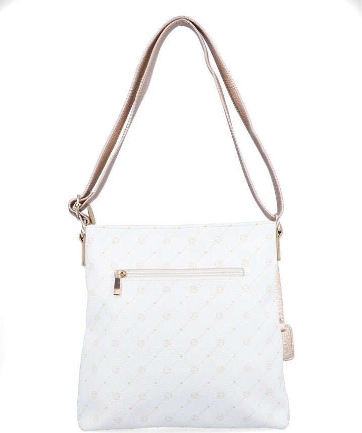 White crossbody bag with a tan strap.