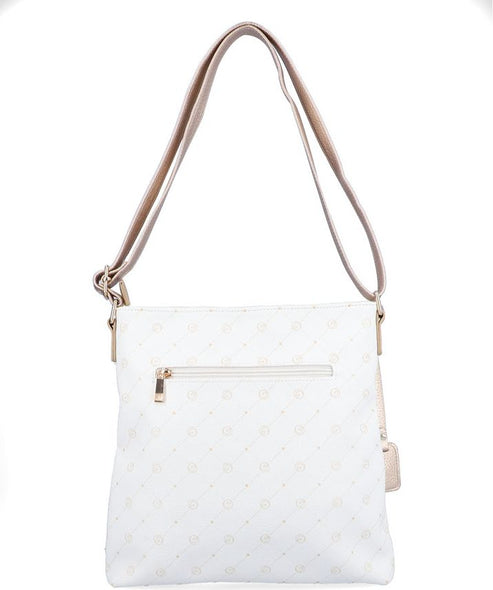 White crossbody bag with a tan strap.