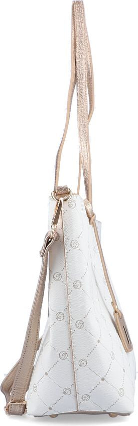 A white backpack with gold straps and all-over logo print.