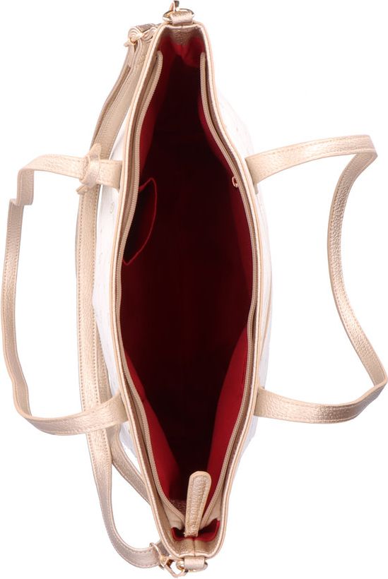 An open, beige-colored tote bag with red lining, showing shoulder straps and a zipper.