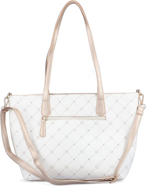 White shoulder bag with long and short straps, and a patterned design.