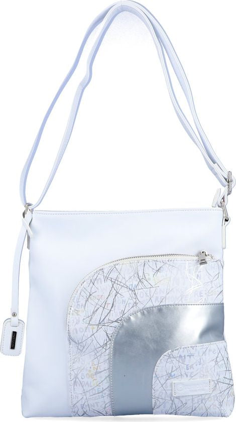 White shoulder bag with silver accents and adjustable strap.