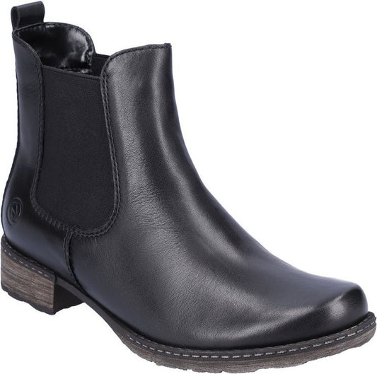 A black leather ankle boot with elastic side panels and a stacked heel.