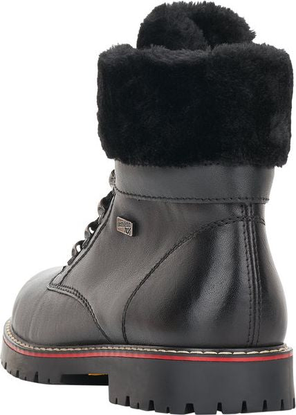 Black combat-style boot with faux fur trim.