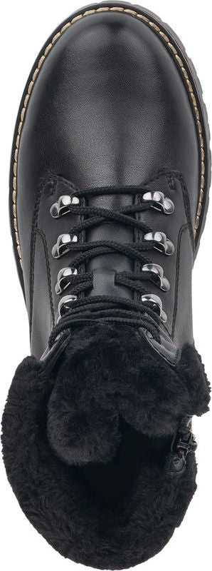 Black leather boot with faux fur trim and laces.