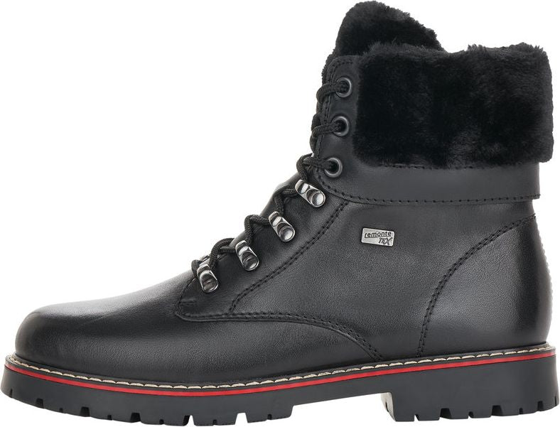 Black ankle boot with fur collar and lace-up closure.