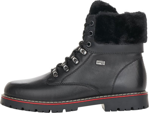 Black ankle boot with fur collar and lace-up closure.