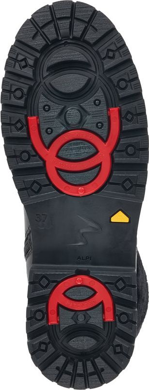 Close-up of a black hiking boot sole with red anti-slip grips.