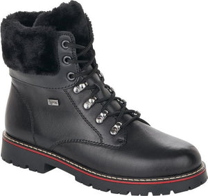Black lace-up boot with faux fur trim.