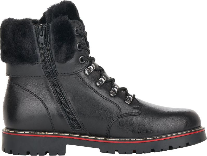 Black leather boot with faux fur trim and side zipper.