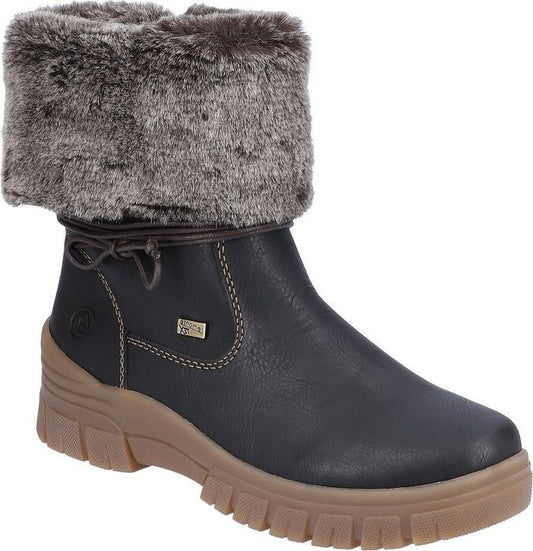 Black ankle boot with brown sole and brown faux fur trim around the ankle.