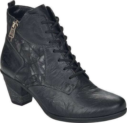 Black leather lace-up ankle boot with a side zipper and a block heel.