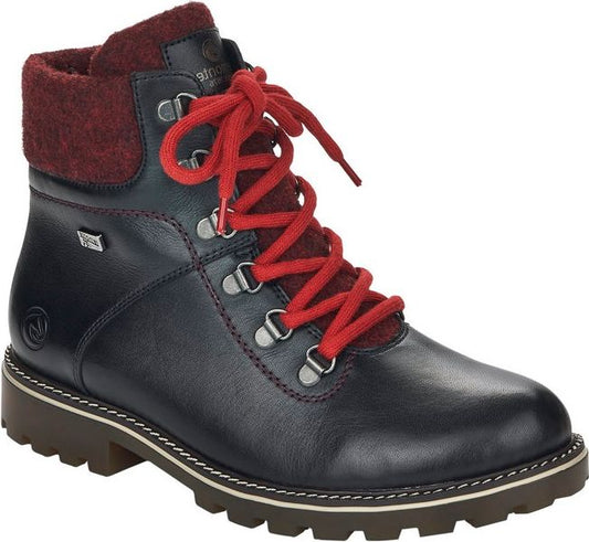 Navy blue lace-up boot with red laces and red wool collar, lug sole.