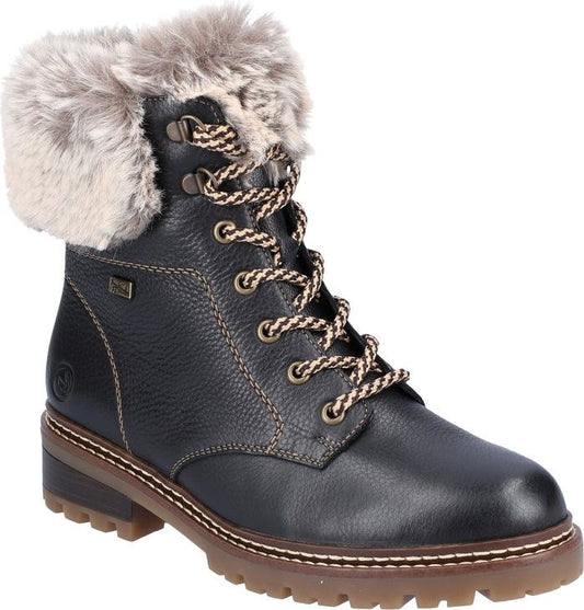 Black leather boot with faux fur collar, lug sole and lace-up closure.