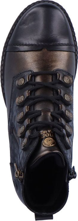 Close-up of a black lace-up boot with a zipper.