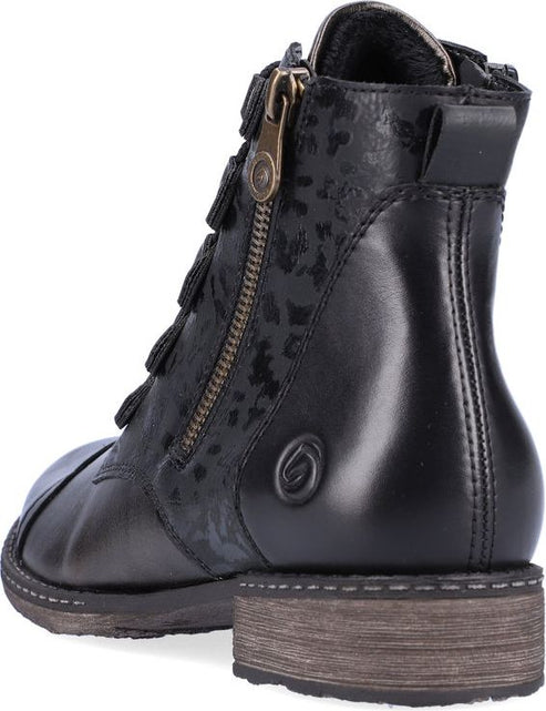 Black leather ankle boot with a side zipper and buckle strap.