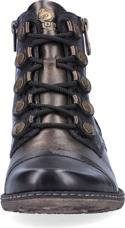 Front view of a bronze colored ankle boot with black laces, brass-colored eyelets, and a zipper on the outside.