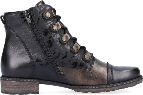 Black leather ankle boot with side zipper, lace-up front with metallic eyelets, and stacked heel.