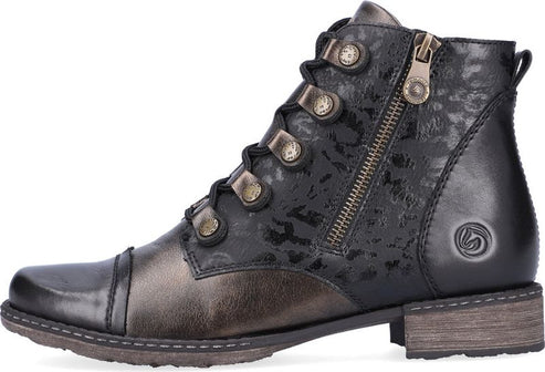 Profile of a short black and pewter colored boot with a side zipper and eyelet lace-up.