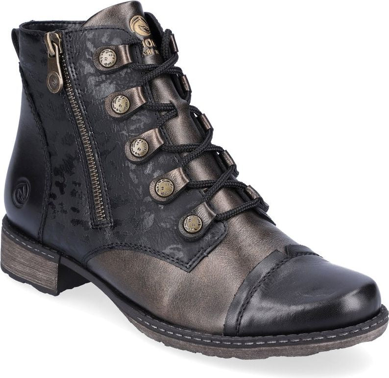 A black and silver ankle boot with a side zipper and lace-up front.