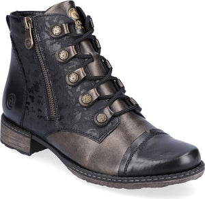A black and silver ankle boot with a side zipper and lace-up front.