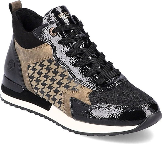 High-top sneaker with houndstooth and patent leather detailing, black laces, and a white sole.