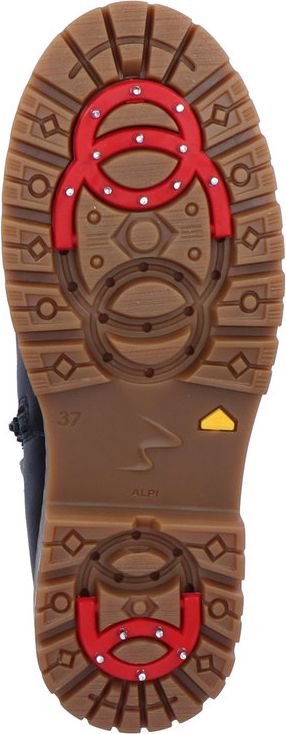 The sole of a brown shoe with red traction cleats and metal studs.