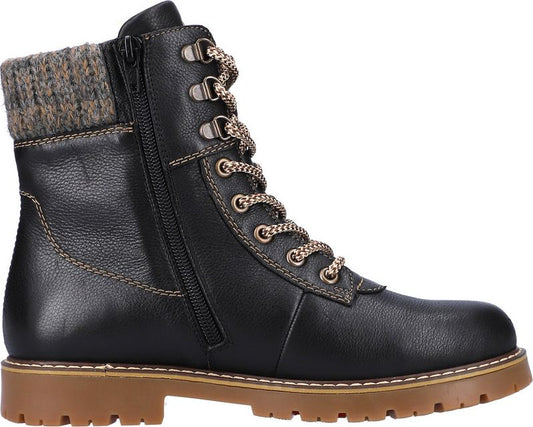 Black leather boot with brown knit collar, side zipper, and corded laces.