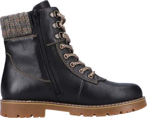 Black leather boot with brown knit collar, side zipper, and corded laces.