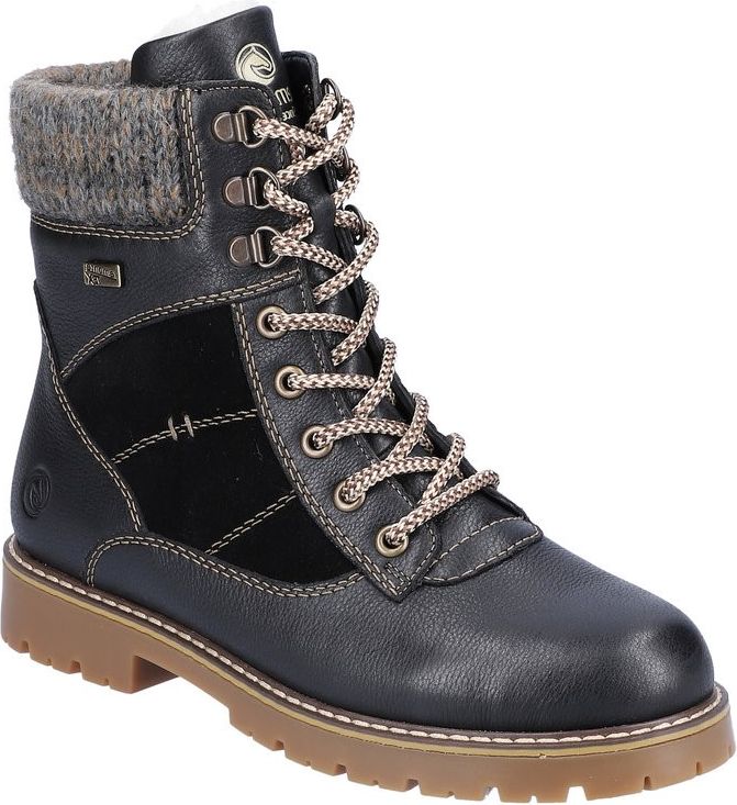 Black lace-up boot with knit trim and thick tan sole.