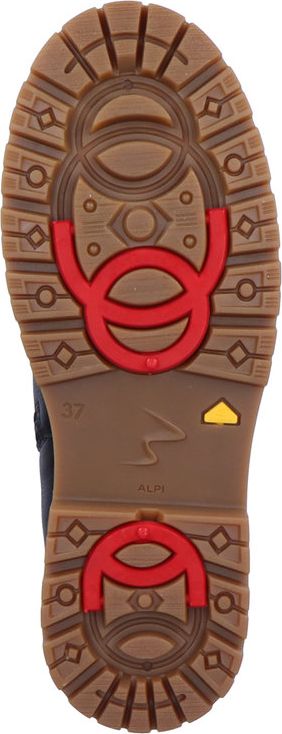 The sole of a shoe with red grips.