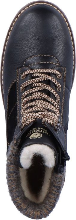 A top-down view of a dark boot featuring laced-up fronts, side zippers, and a fuzzy opening.