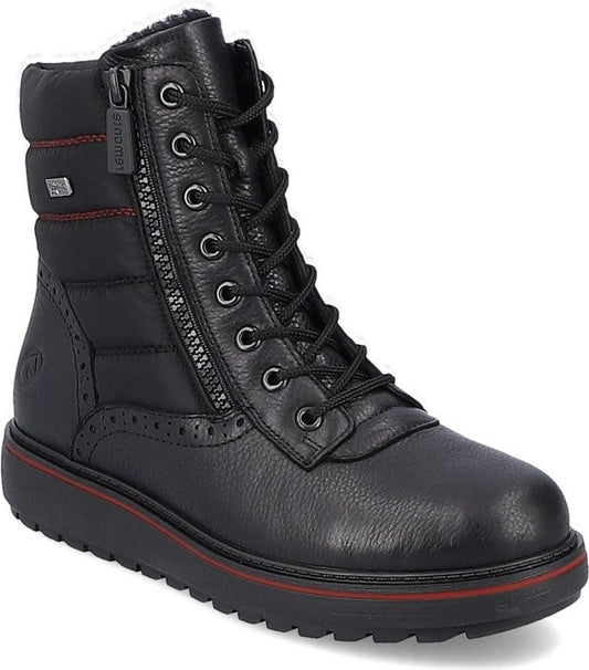 Black ankle boot with zipper and laces.