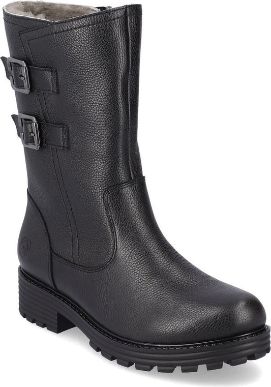 Black mid-calf boot with two buckled straps.