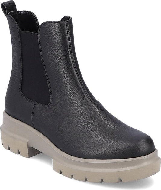 A black ankle boot with a tan platform sole and black elastic side panels.