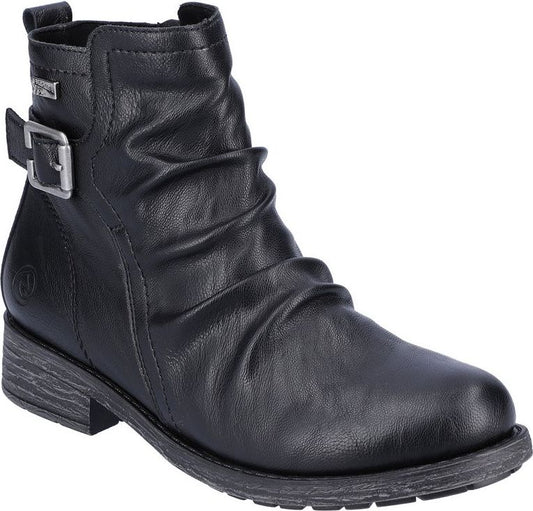 Wrinkled black ankle boot with buckle.