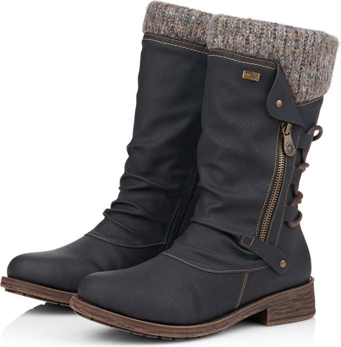 Knee-high black boots with knit cuff, decorative side zipper, and lace-up detail.
