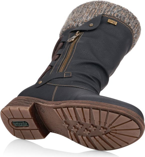 Mid-calf black boot with zipper, brown accents, knit collar, and lug sole.