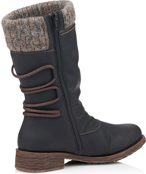 Mid-calf black boot with lace up back and gray knitted top.