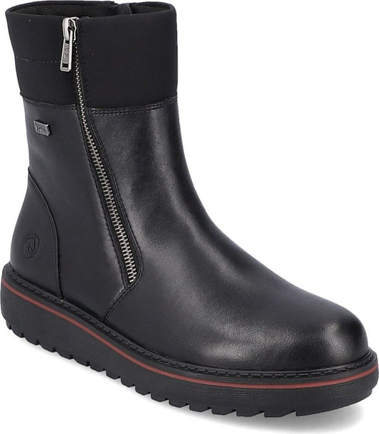 Black ankle boot with a side zipper and a ribbed fabric cuff.