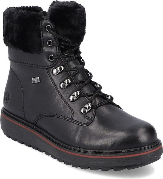 Black ankle boot with faux fur collar, lace-up closure and red stripe on the sole.