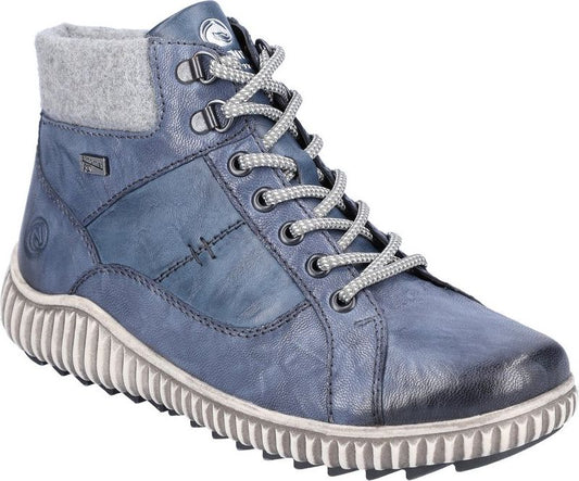 Blue leather hiking boot with gray laces and padded collar.