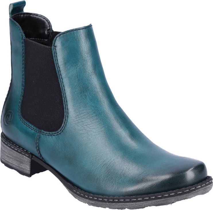 Teal leather ankle boot with a low stacked heel and black elastic side panels.