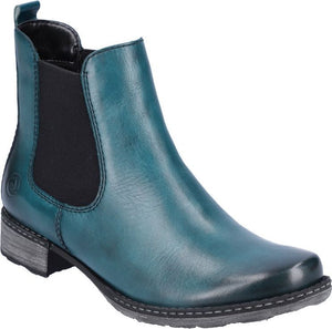 Teal leather ankle boot with a low stacked heel and black elastic side panels.